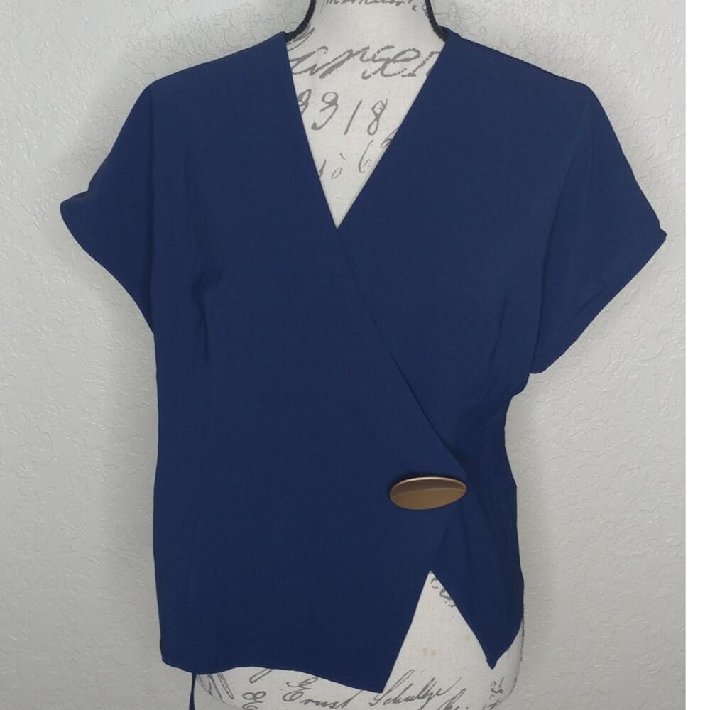 Short Sleeve V-Neck Wrap Shirt Blue Size L
